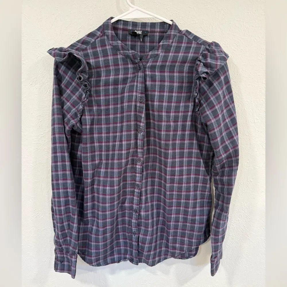 Paige Ruffle Blue Purple Plaid Button Down Flannel Shirt XS - Picture 2 of 7